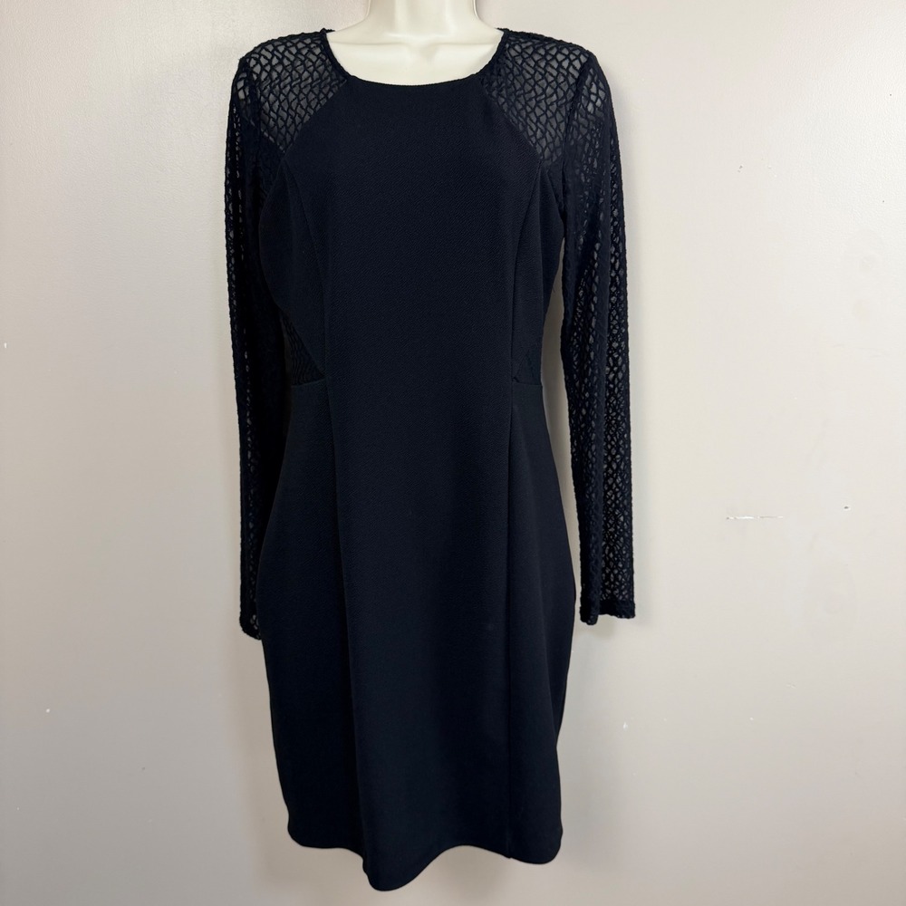 Guess Sheath Dress Womens 8 Black Lace Long Sleeve Textured Crepe Cocktail